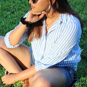 blue and white striped flannel womens button up